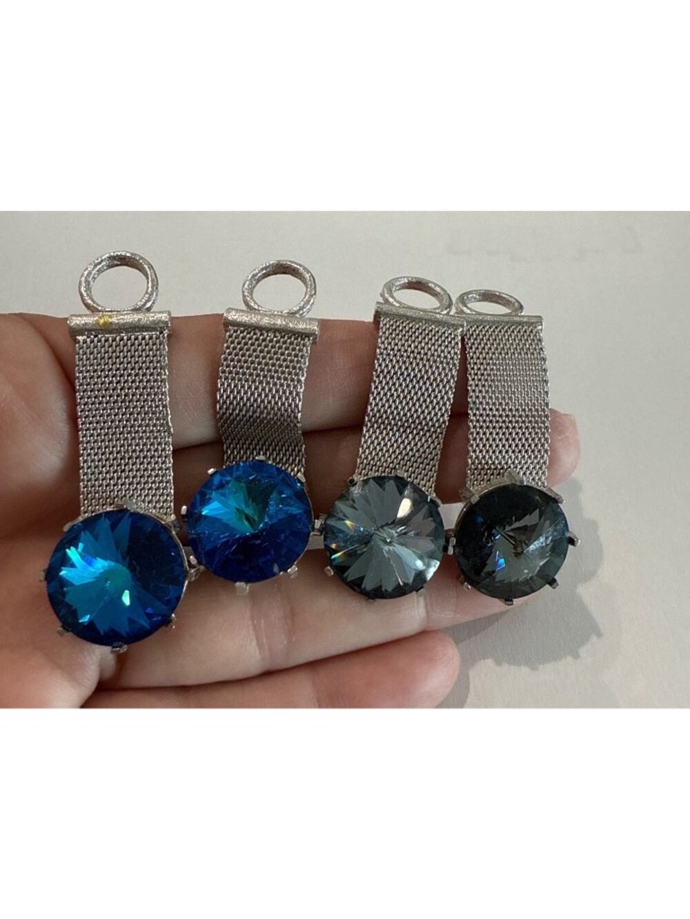 Vintage mesh cufflinks,  Blue Black Rivoli Glass stones 2 pair